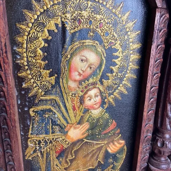 Vintage Religious Old Icona Virgin Mary & Baby Jesus Framed Picture - Picture 5 of 16